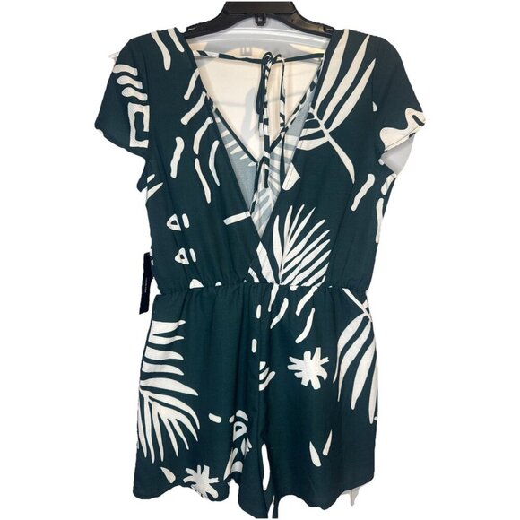 Lulu’s Women’s Dark Green Leaf Print Lined Romper Tie Back Sz M NEW - Picture 3 of 7